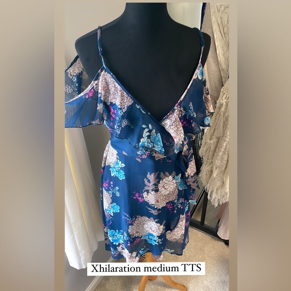 Blueish green floral dress with tie belt straps and off shoulder sleeve